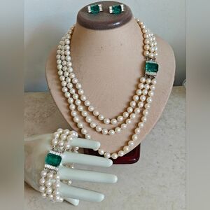 Vintage Vendome "Flawed" Poured Emerald Glass & Pearls Jewelry Set